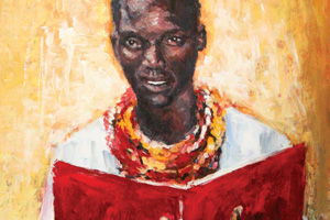 Photograph of a painting of young Majang man holding a red Bible.